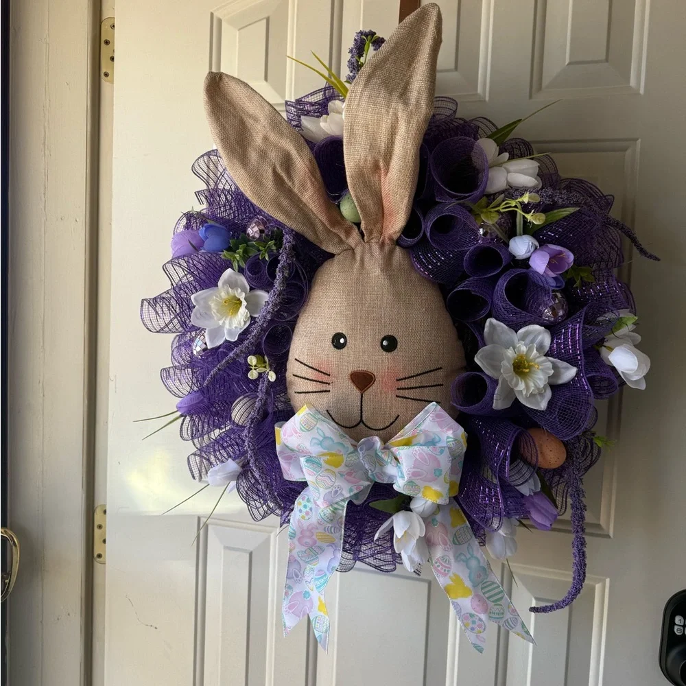 Easter Bunny Wreath with Purple Mesh and Floral Accents